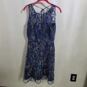 White House Black Market Navy Blue & Silver Embroidered Midi Dress
